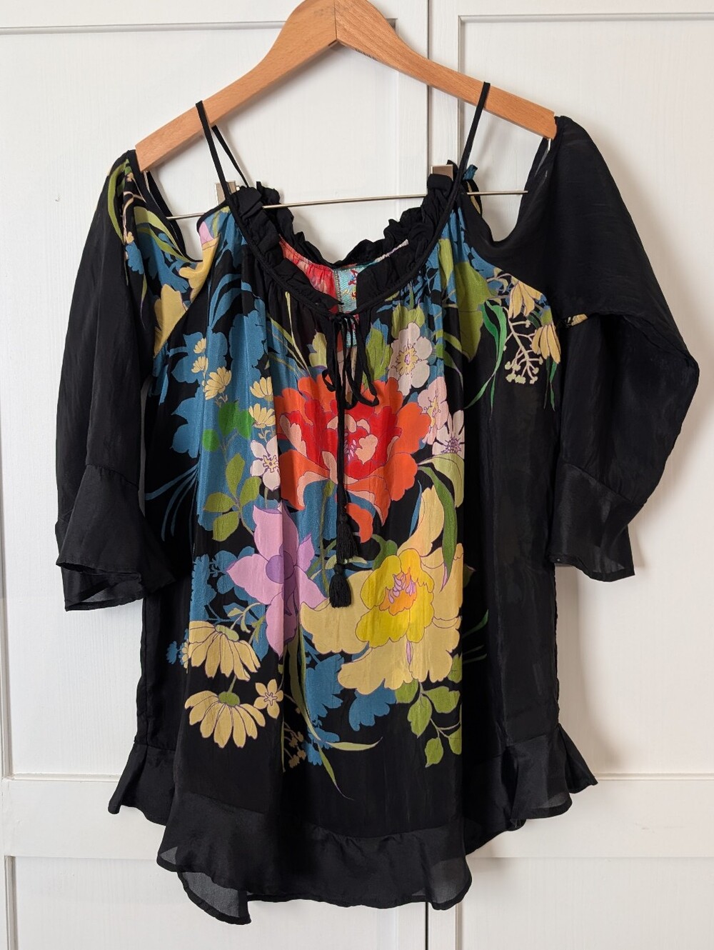 Johnny Was Floral Flowy Cold-Shoulder Boho Peasant Blouse Size Medium